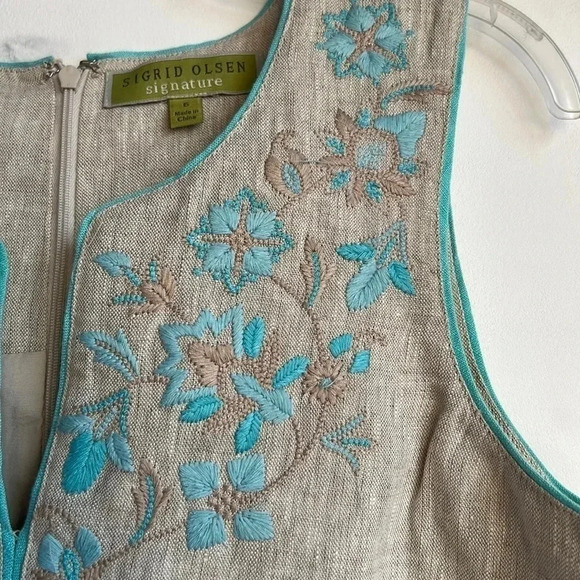 Sigrid Olsen 100% Linen Dress Women’s Size 6 Beautiful Embroidery Resortwear - Picture 4 of 11